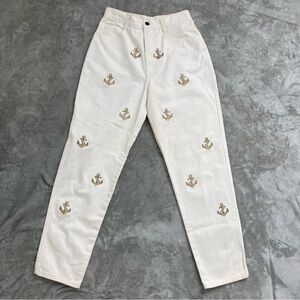 La Costa Spa California Vintage White Jeans w/ Gold & Silver Embroidered Anchors